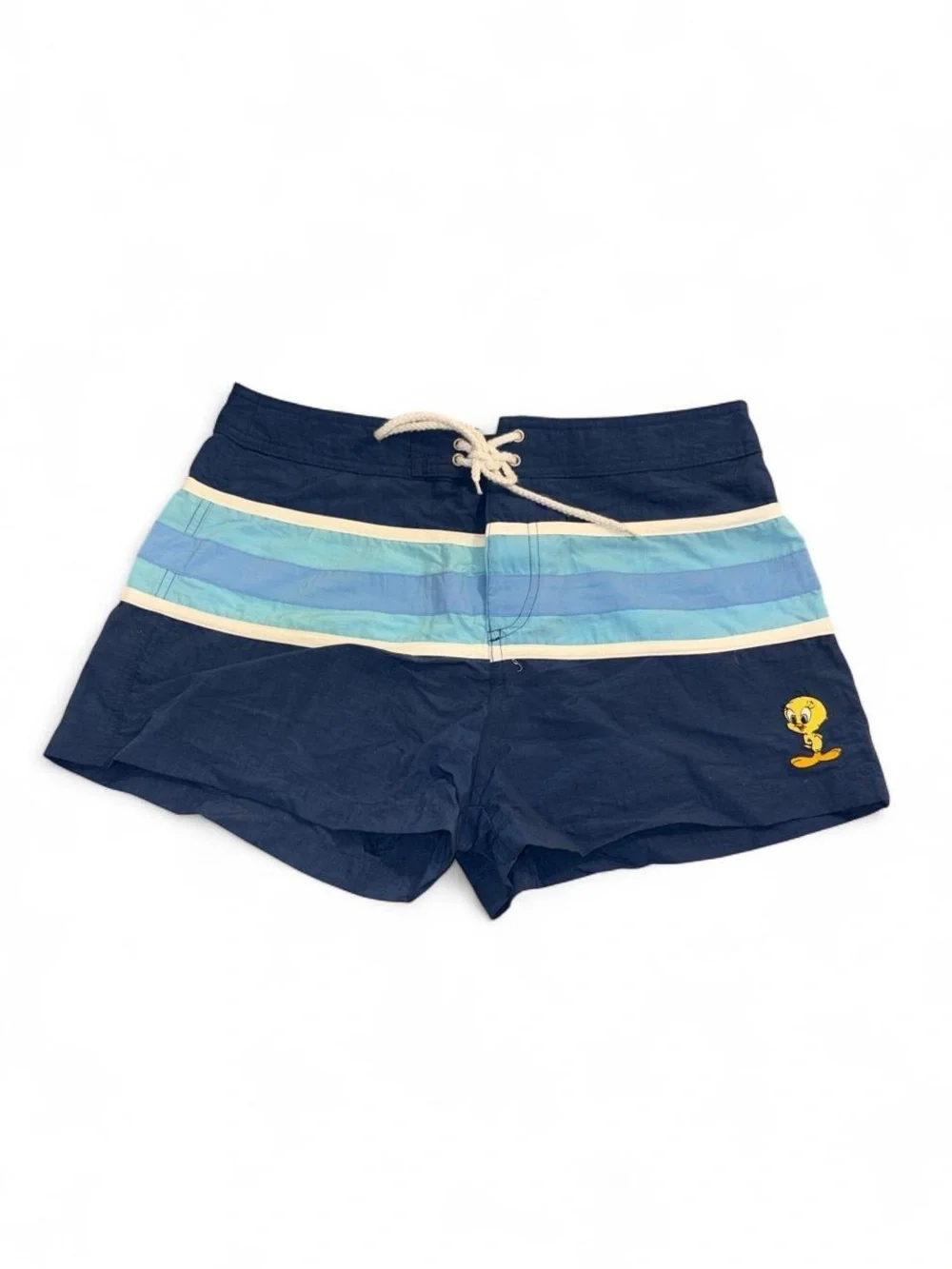 Vintage 1999 looney tunes tweety Navy Swim Trunks with Light Blue Stripes
